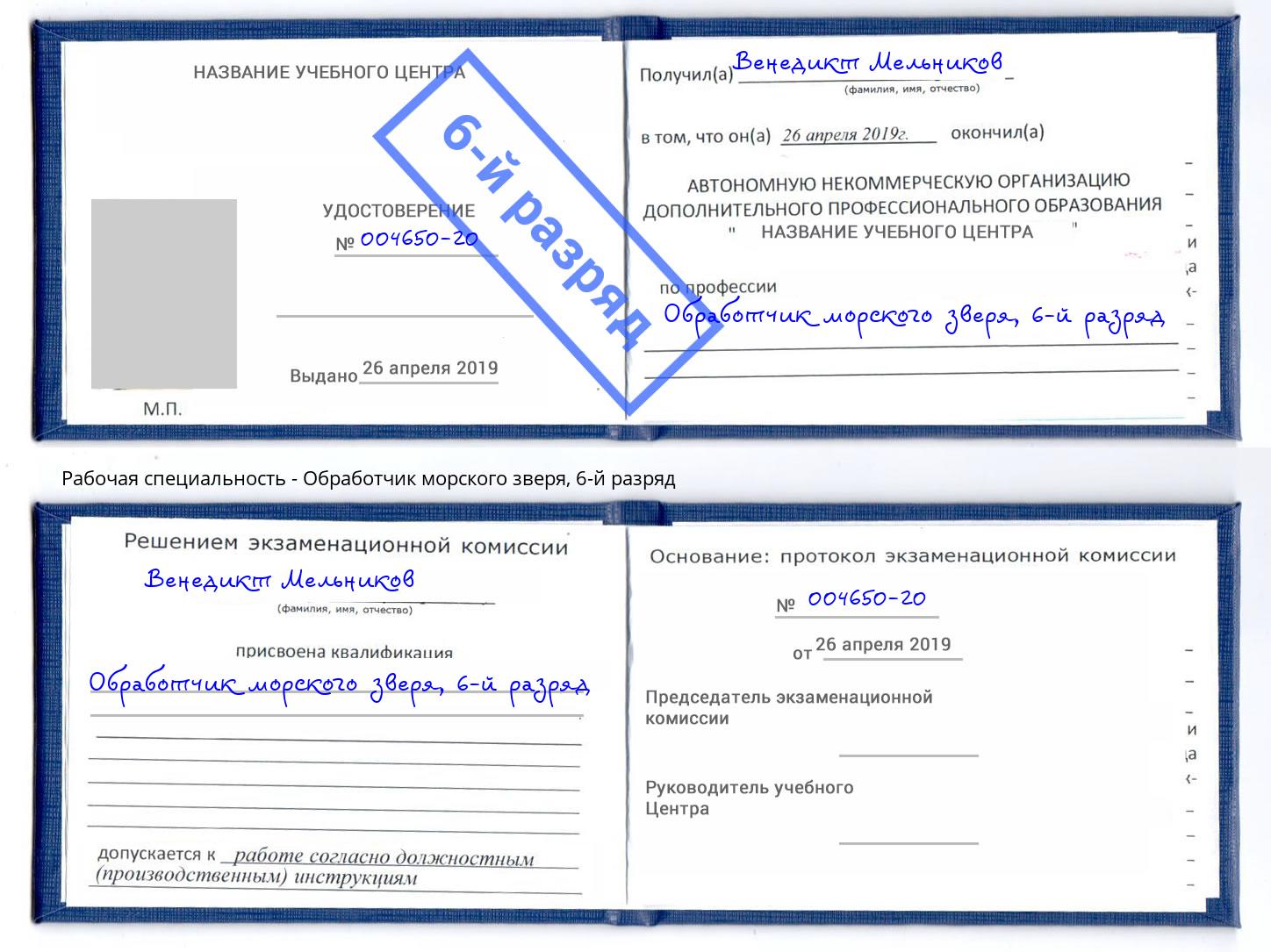 корочка 6-й разряд Обработчик морского зверя Соликамск