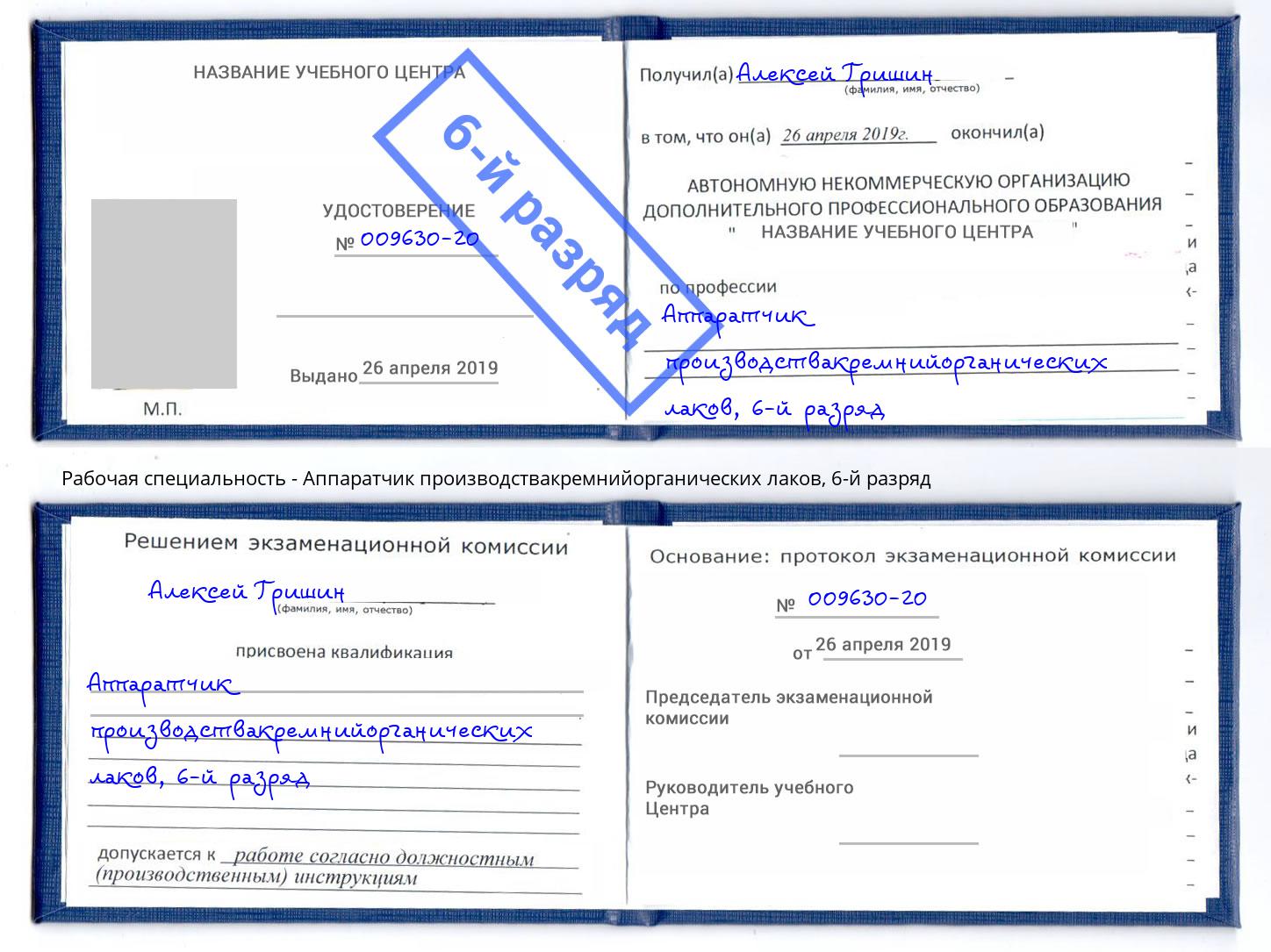 корочка 6-й разряд Аппаратчик производствакремнийорганических лаков Соликамск