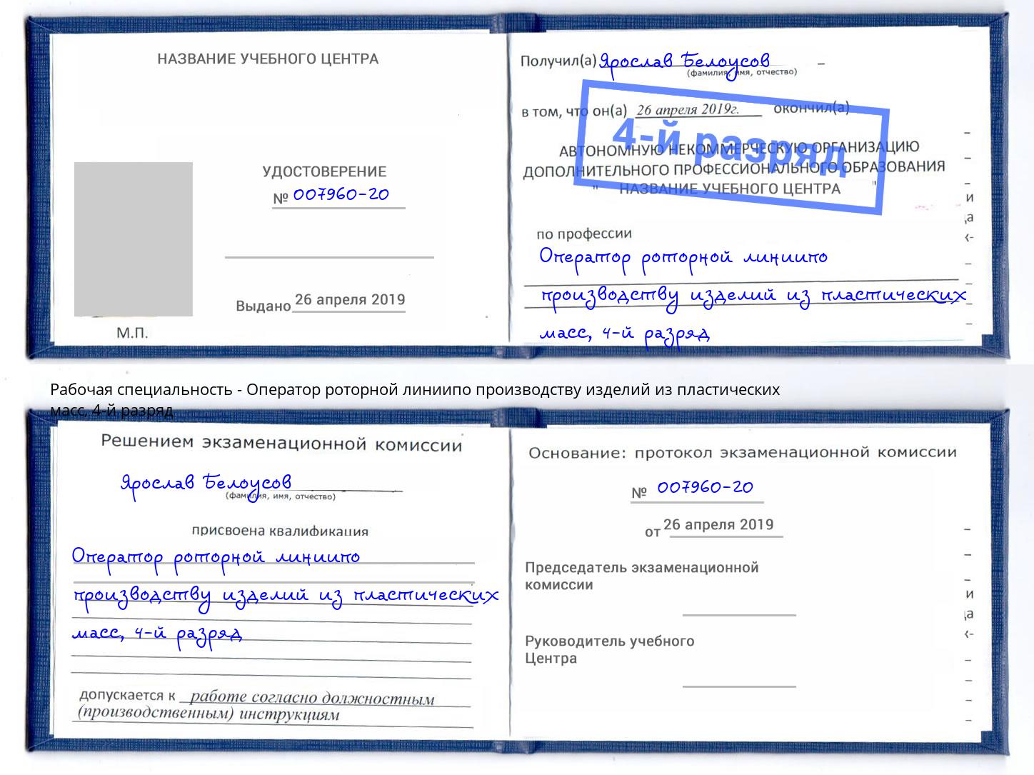 корочка 4-й разряд Оператор роторной линиипо производству изделий из пластических масс Соликамск